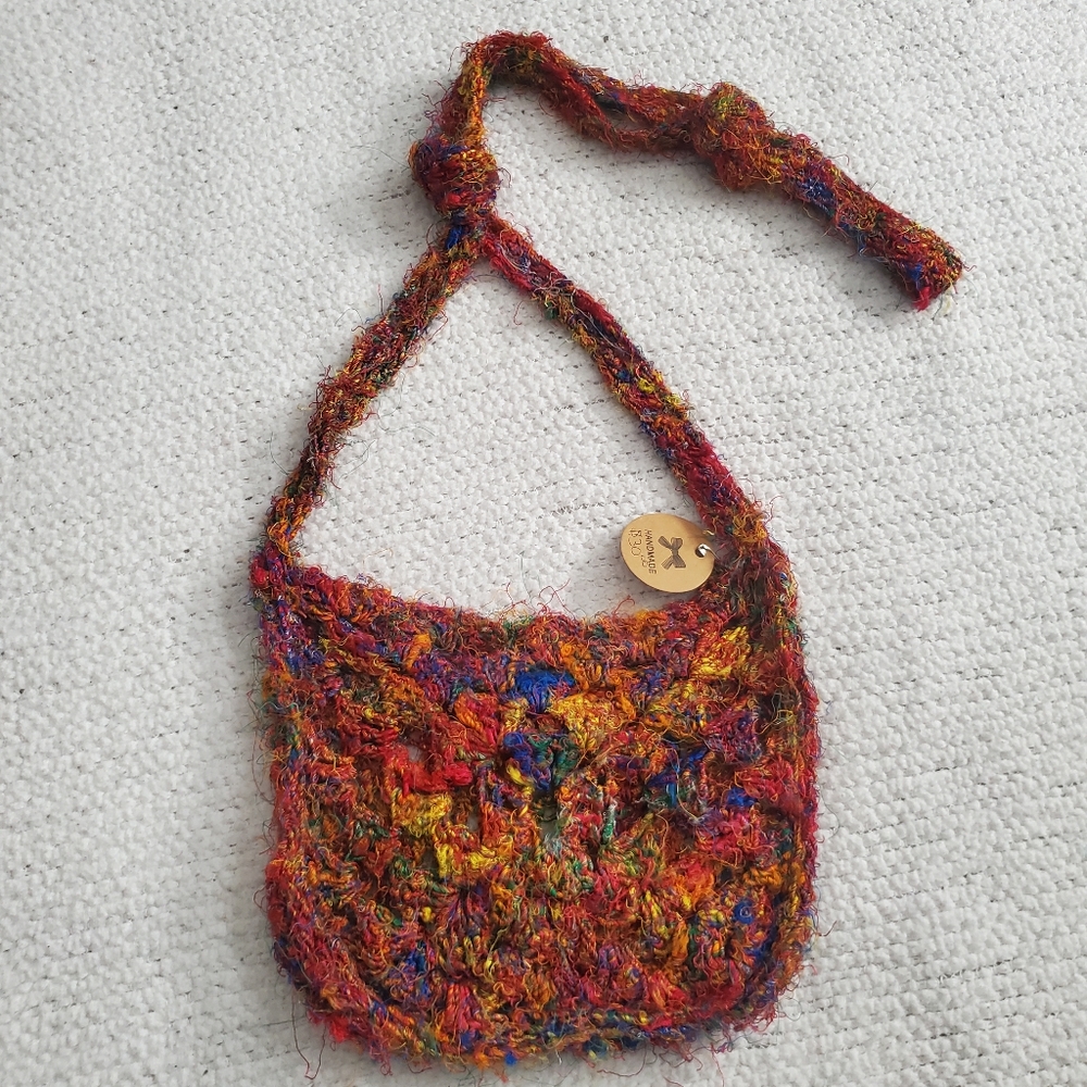 Hand crocheted sari silk purse